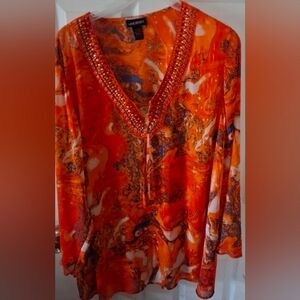 Lane Bryant Plus Size Orange Lightweight Beaded Casual Sheer Blouse. Size 26/28